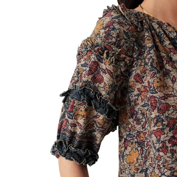 Faherty Bodhi Wildflower Floral 100% Organic Cotton Ruffled Puff Sleeve Top - Picture 2 of 6